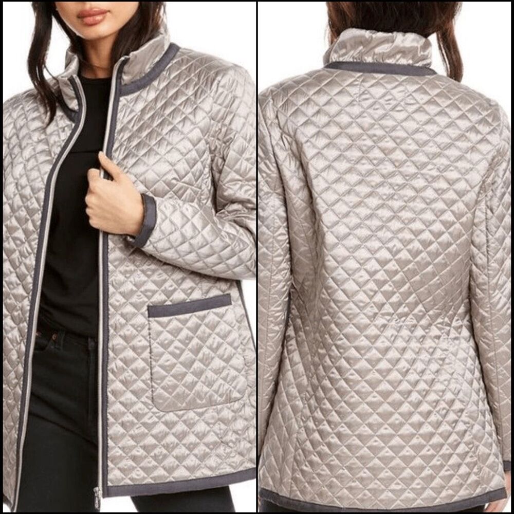 Jane Post New York $350 Quilted Silver Satin Contrast Trim Coat Jacket Women’s S